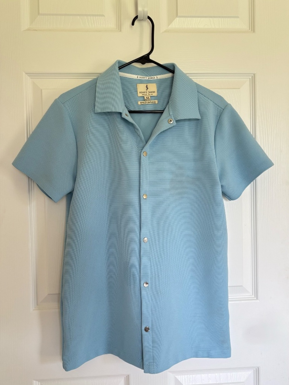 Scott James Mens Medium M Blue Textured Short Sleeve Knit Button Snap Camp Shirt